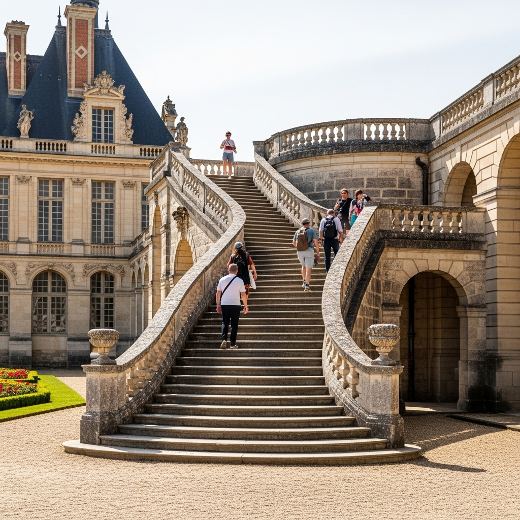 The iconic Horseshoe Staircase at the Château de Fontainebleau on a sunny day