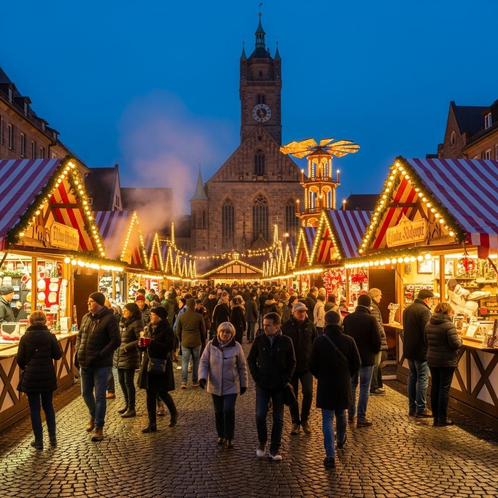 A glowing Christmas market in a German town square at dusk, with a large Christmas tree and festive stalls.