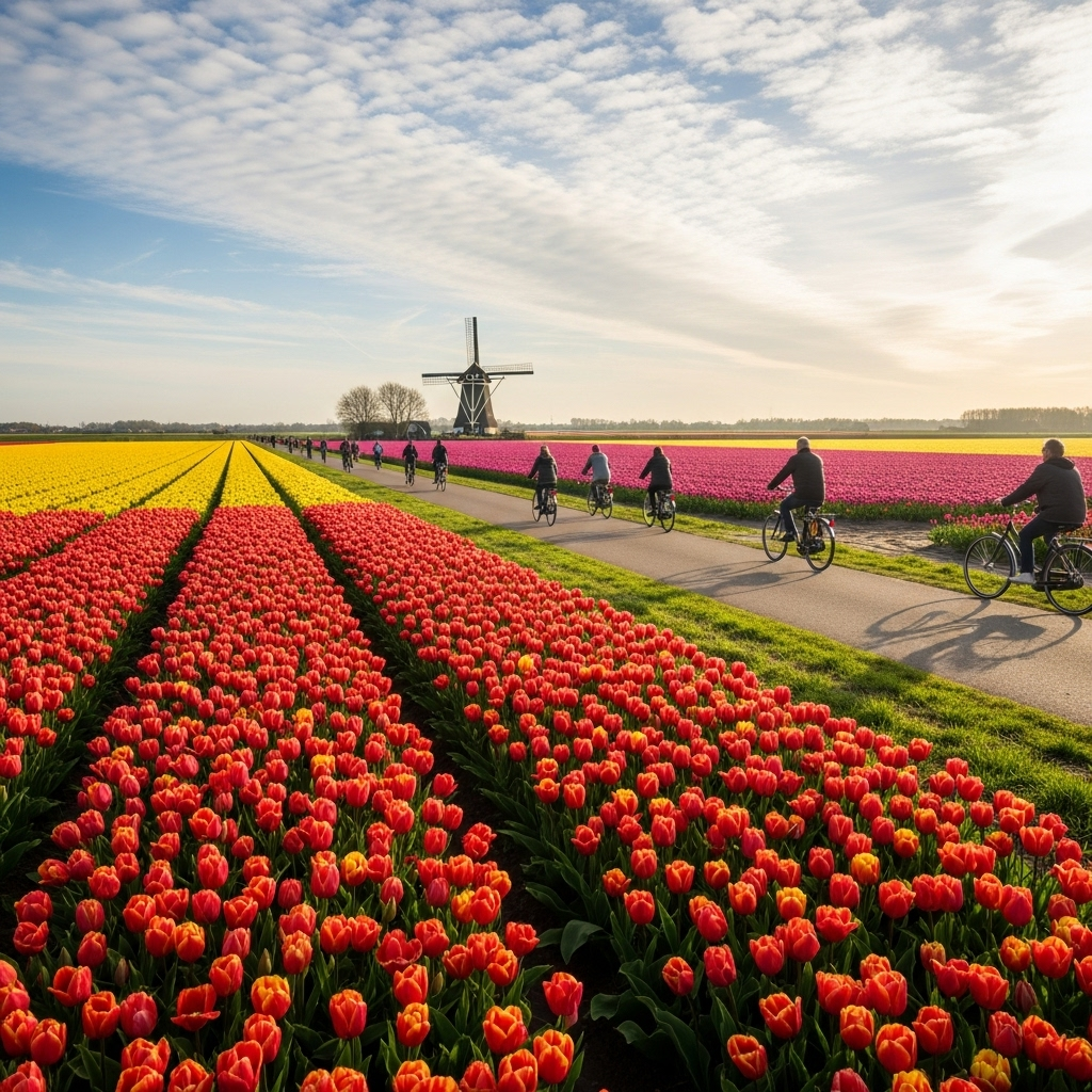 Colorful rows of tulips in the Dutch countryside under a blue sky.
