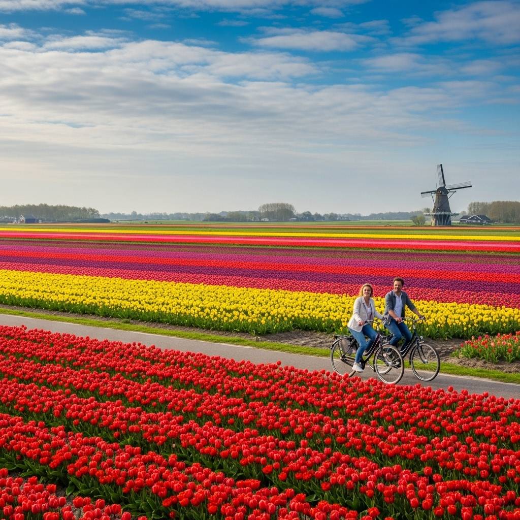 A vibrant, colorful tulip field under a blue sky in the Netherlands
