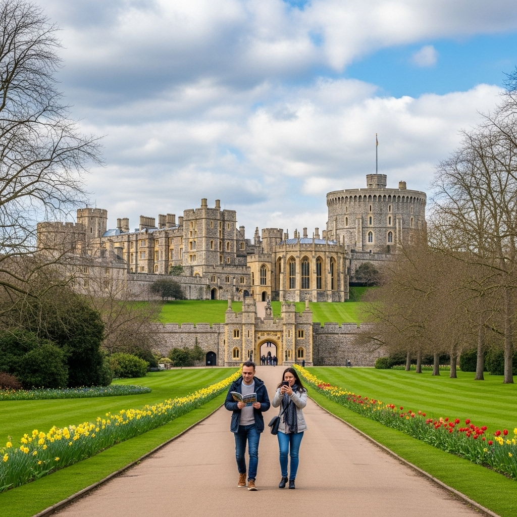An iconic view of The Long Walk leading towards Windsor Castle on a sunny day