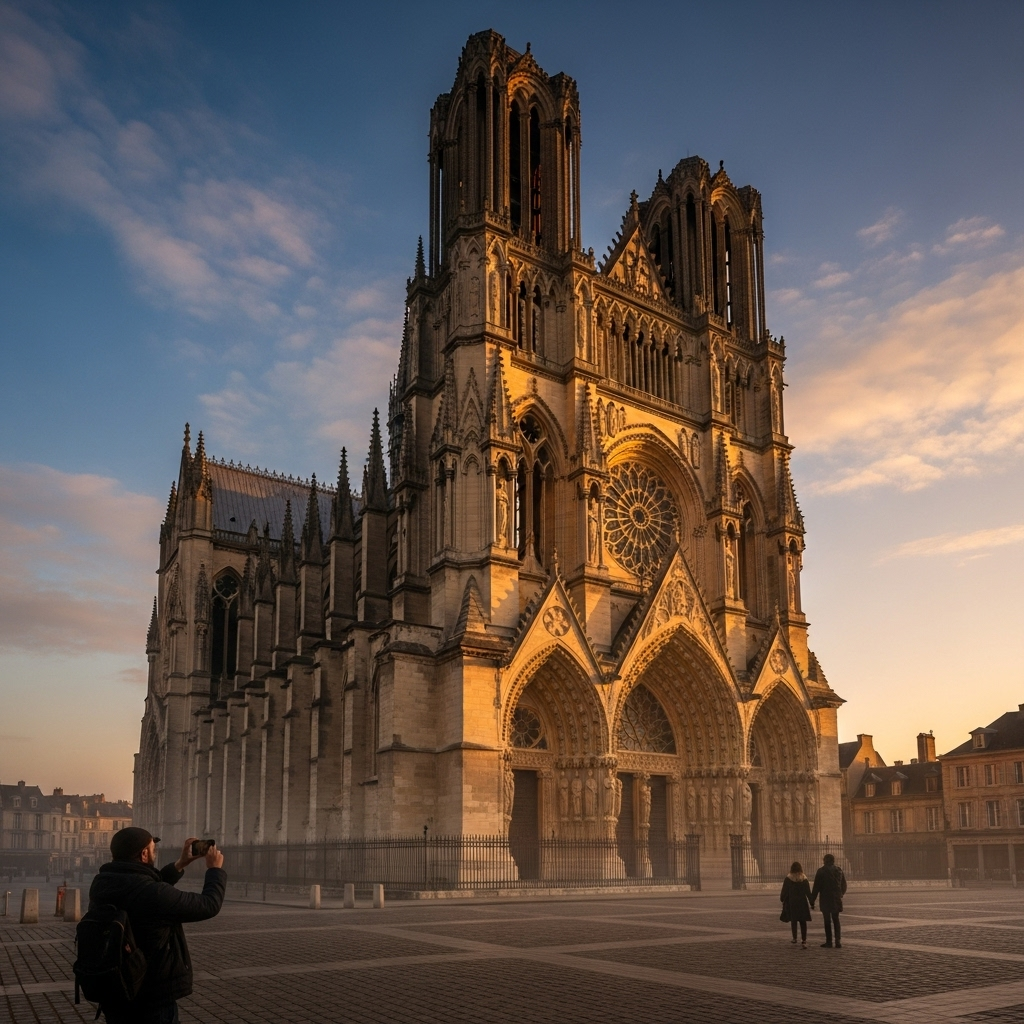 A beautiful view of the Notre-Dame de Reims cathedral on a sunny day