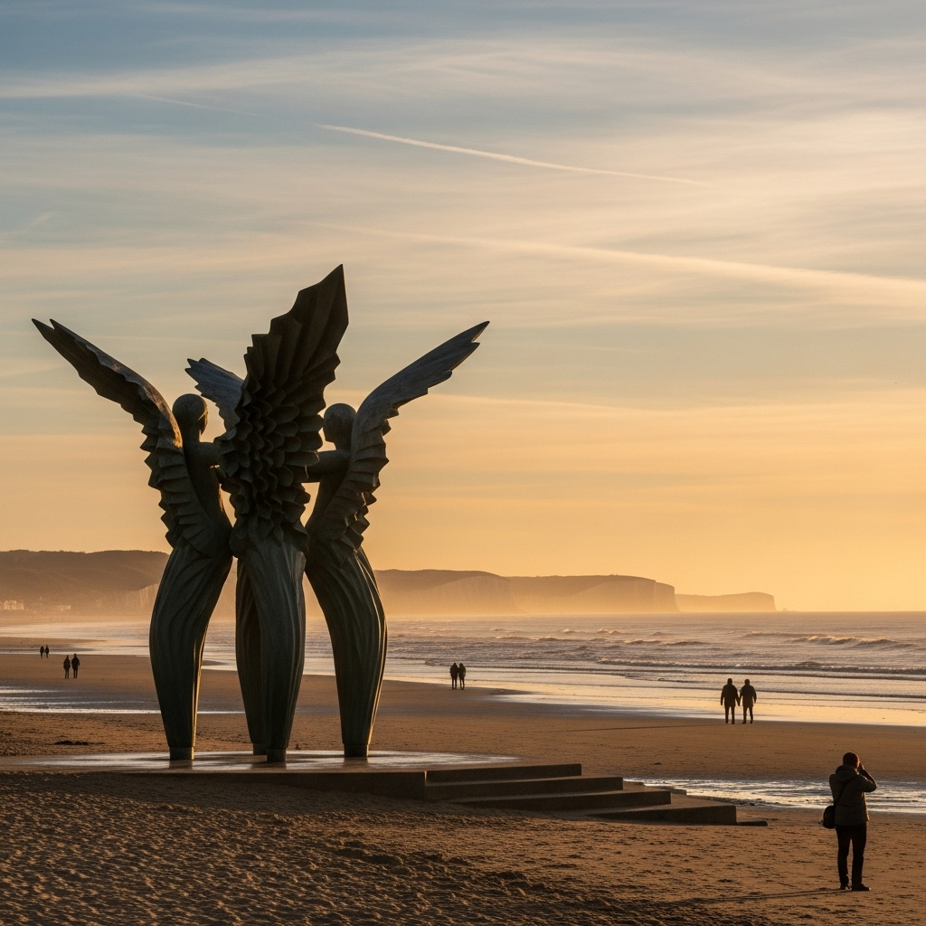 The Les Braves sculpture on Omaha Beach at sunrise.