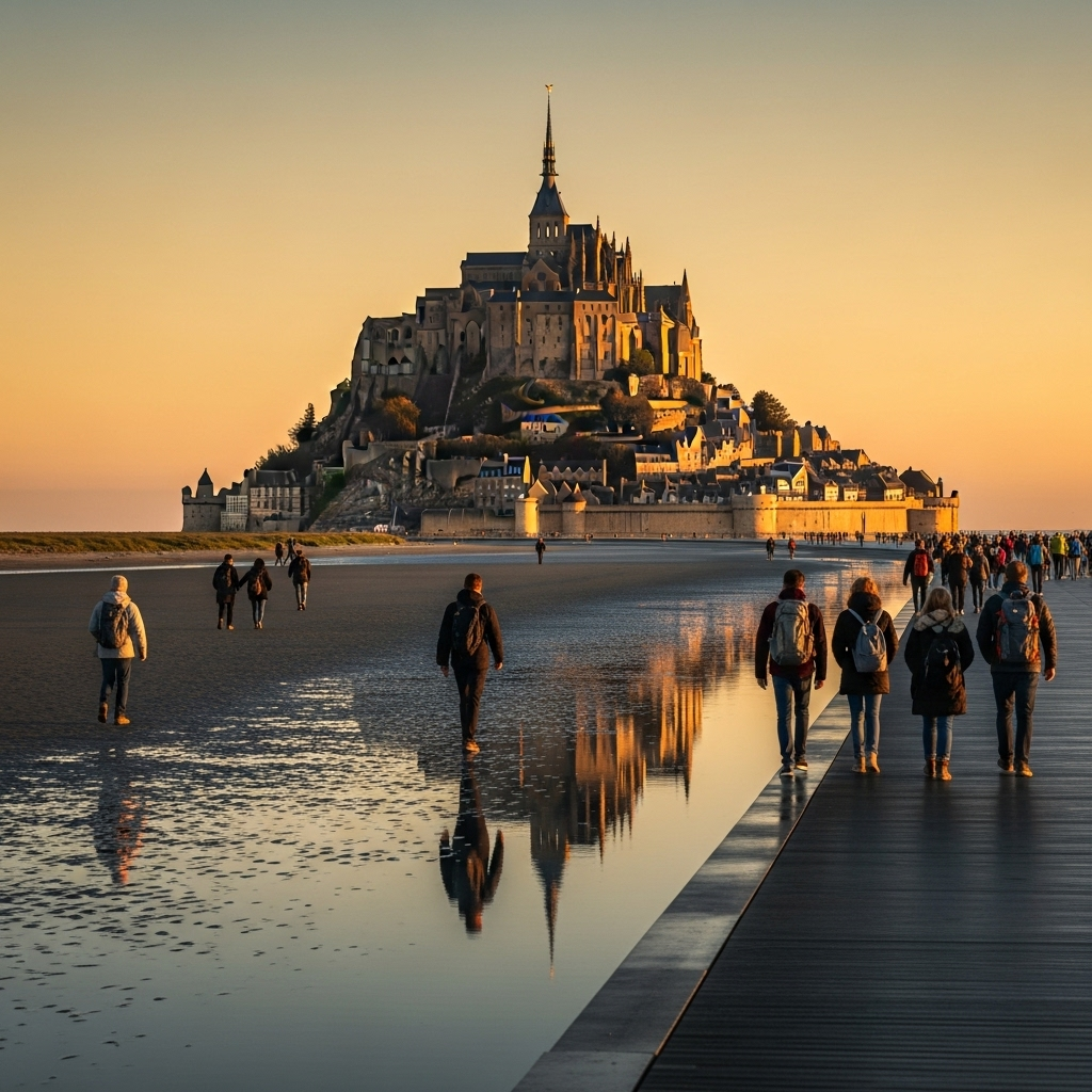 A breathtaking view of Mont Saint-Michel island abbey from the causeway.