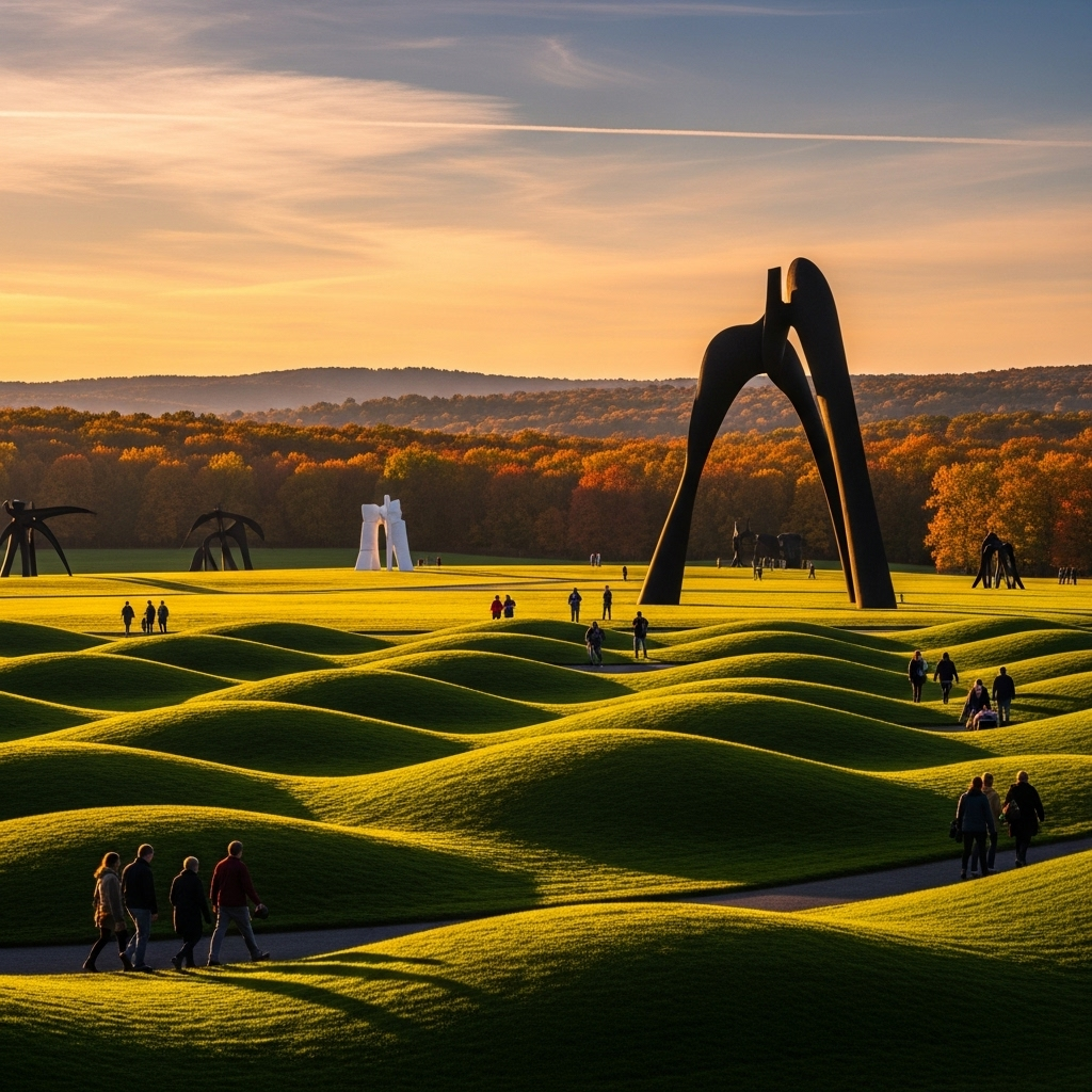A massive, modern sculpture stands in a green field under a blue sky at Storm King Art Center.