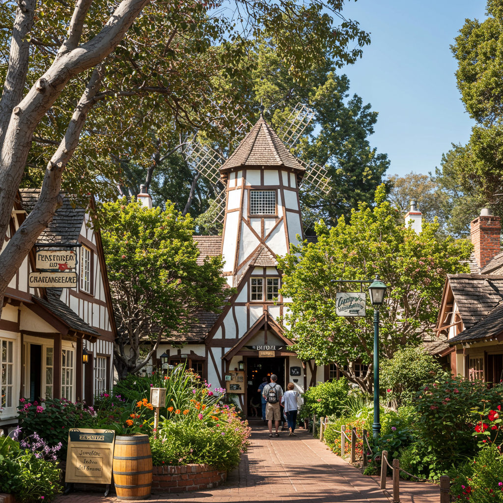 A picturesque street in Solvang with half-timbered buildings and a windmill.