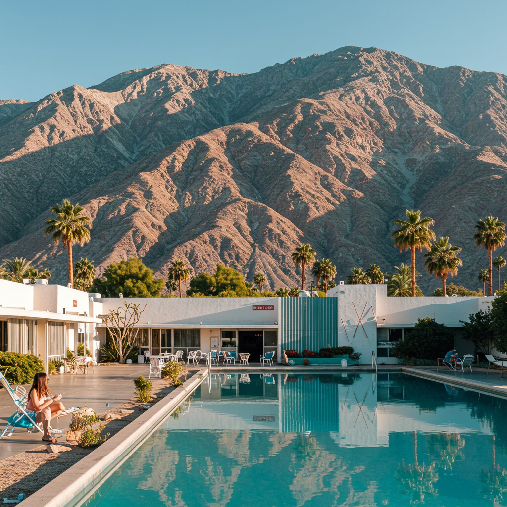 Stunning mid-century modern home with a pool and mountain backdrop in Palm Springs