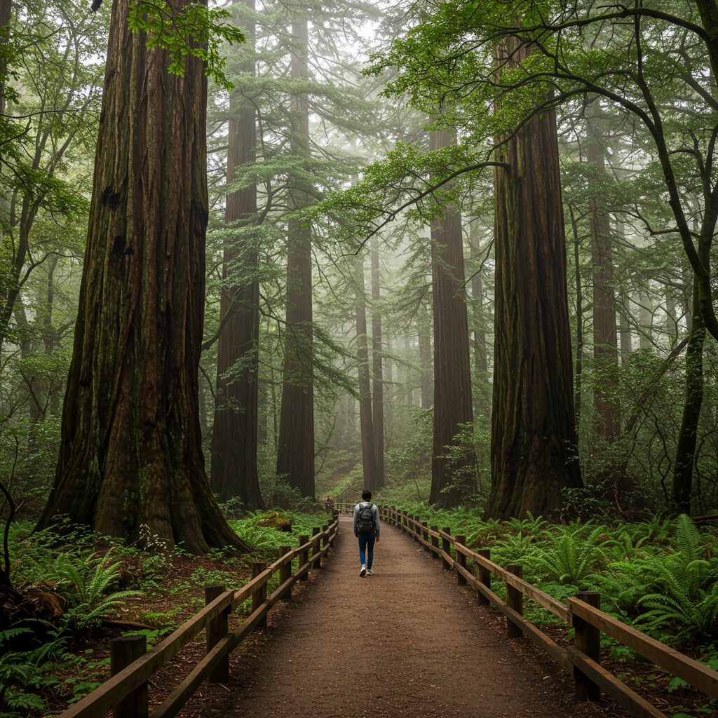 Sunlight filtering through the giant redwood trees in Muir Woods National Monument