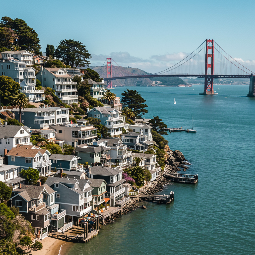 A sunny view of Sausalito's waterfront with boats and the San Francisco skyline in the distance.