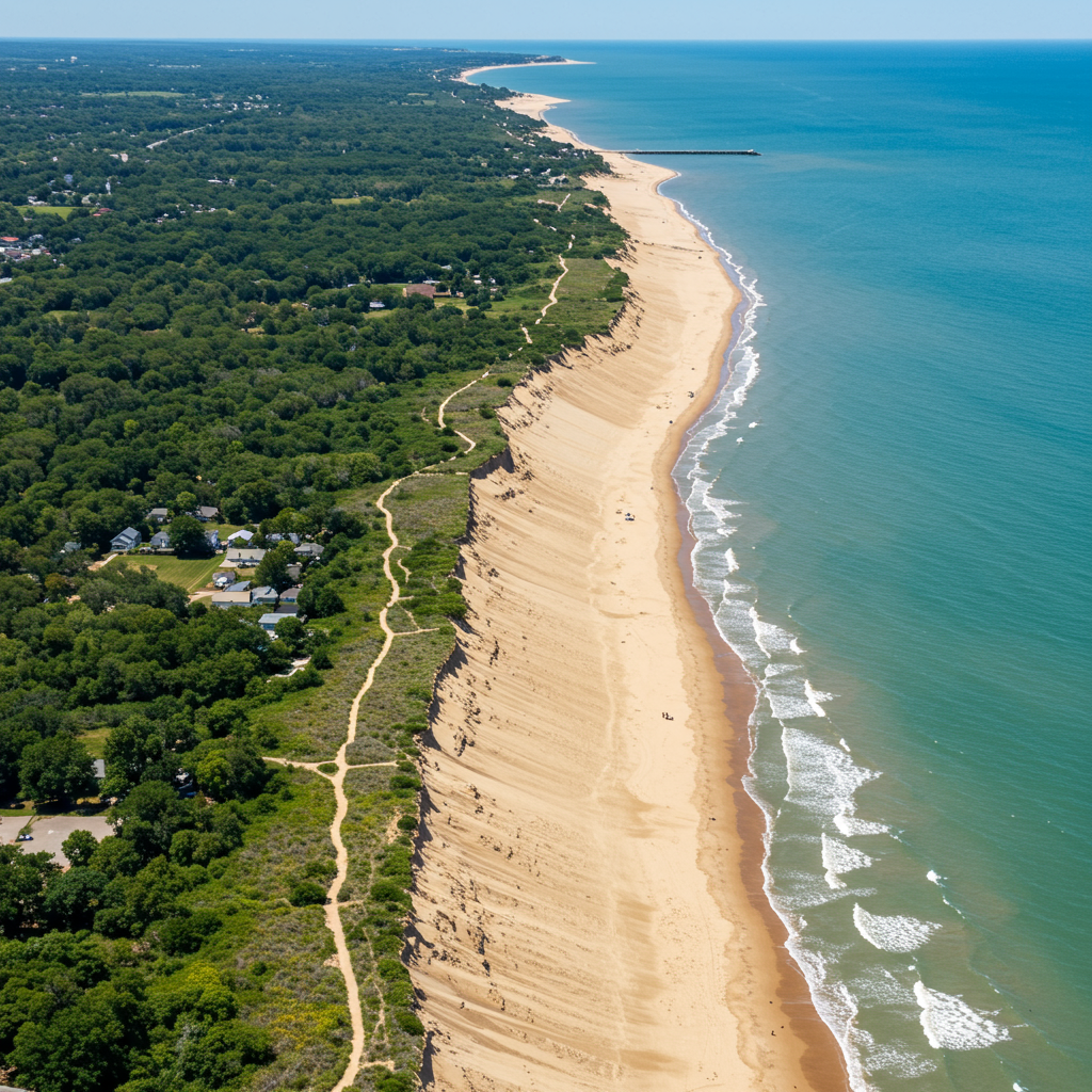 A beautiful sandy dune with Lake Michigan and a clear blue sky in the background at Indiana Dunes National Park.
