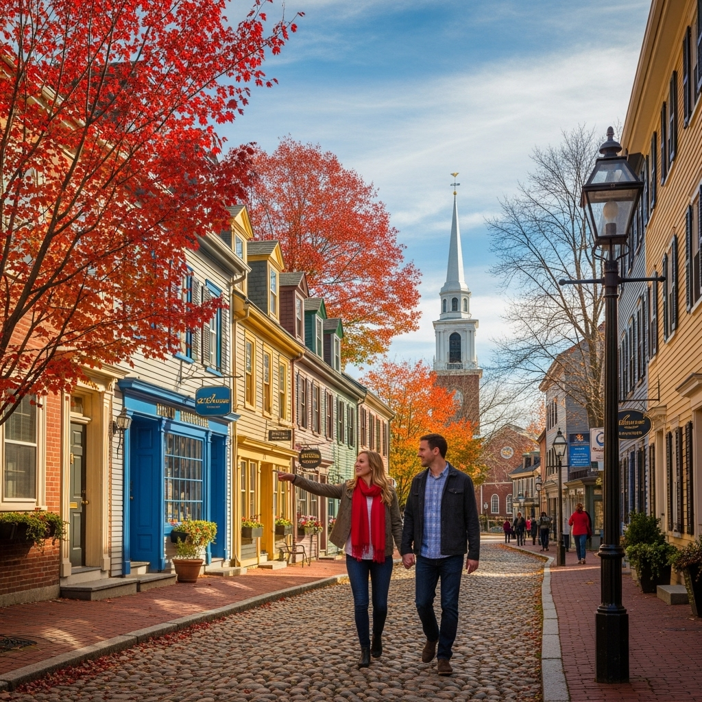 Colorful historic buildings lining the streets of Portsmouth's Market Square