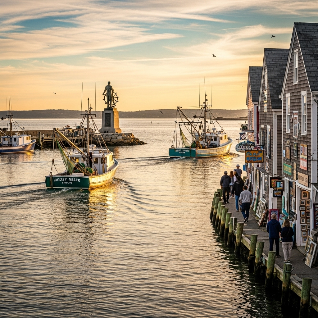 A colorful fishing boat docked in Gloucester harbor on a sunny day.