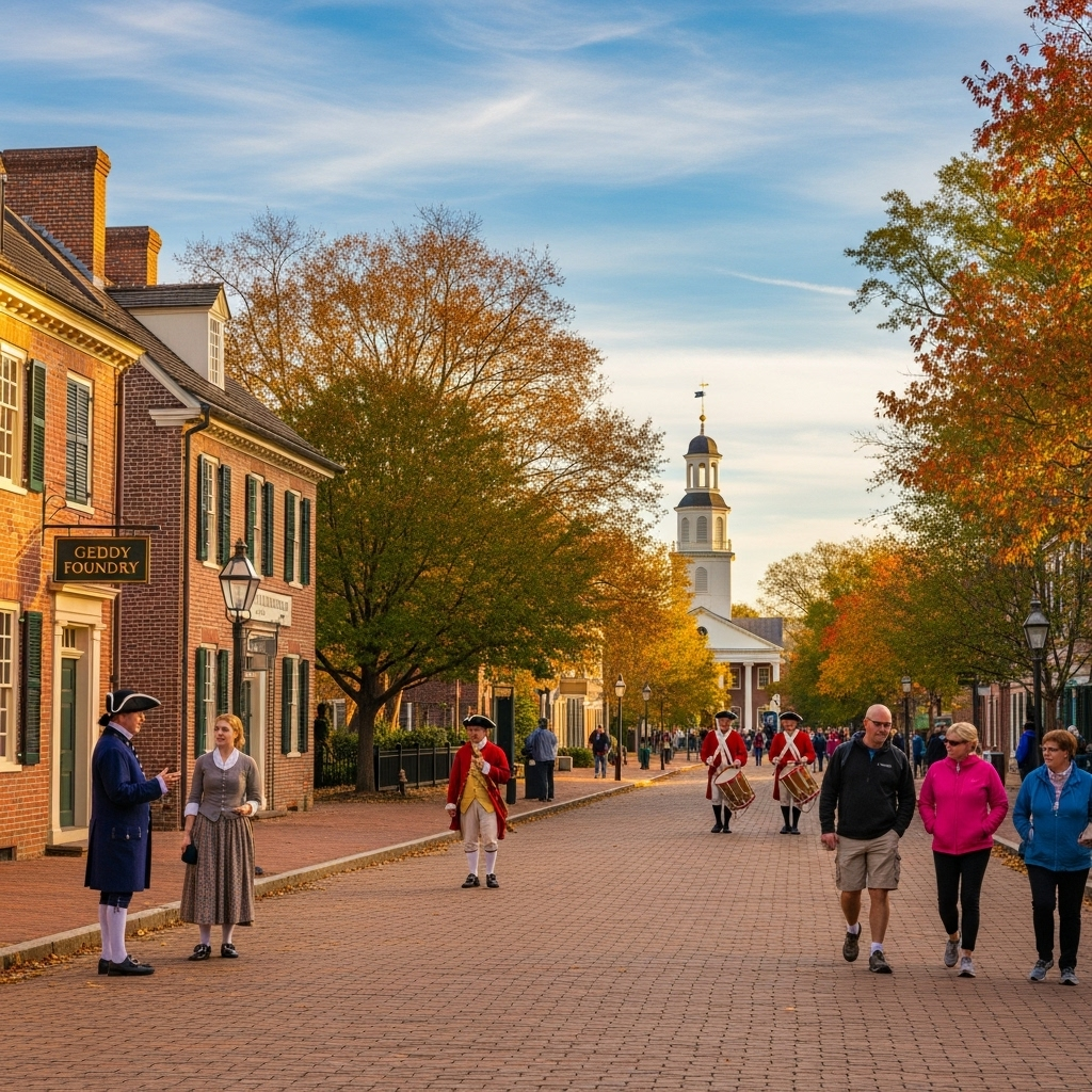 A fife and drum corps marches down Duke of Gloucester Street in Colonial Williamsburg.