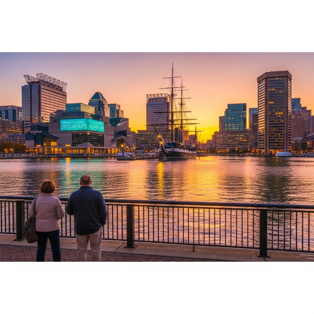 A scenic view of Baltimore's historic Inner Harbor on a sunny day