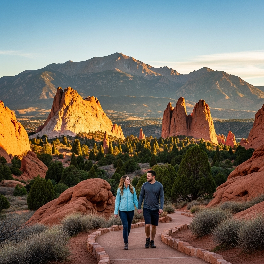 Stunning red rock formations at Garden of the Gods with Pikes Peak in the background.