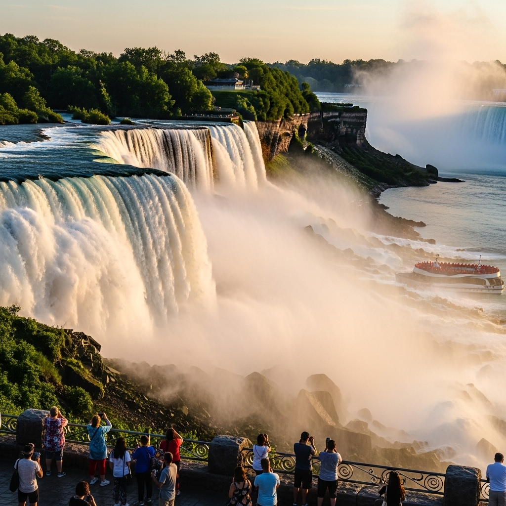 A breathtaking view of the powerful Horseshoe Falls with mist rising high into the air.