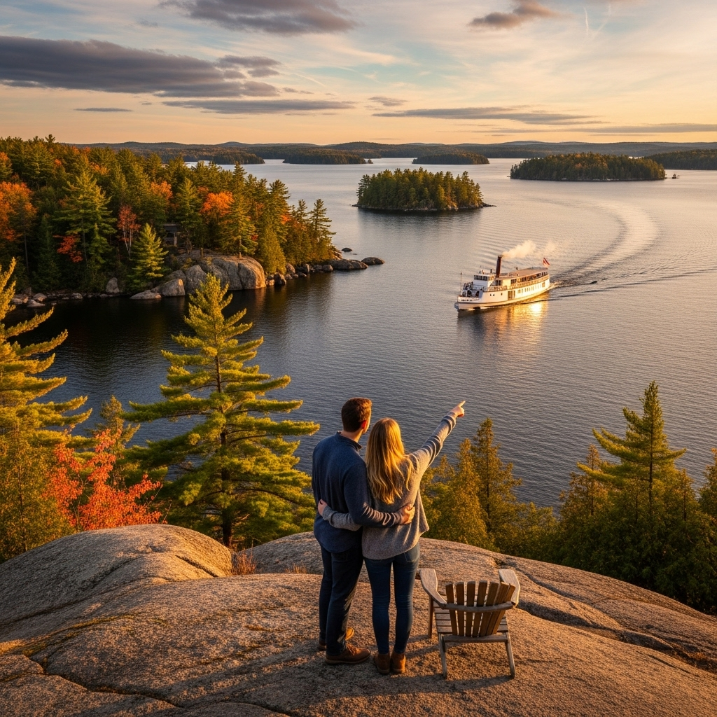 A beautiful steamship cruising on a calm lake in Muskoka surrounded by lush green trees and cottages.