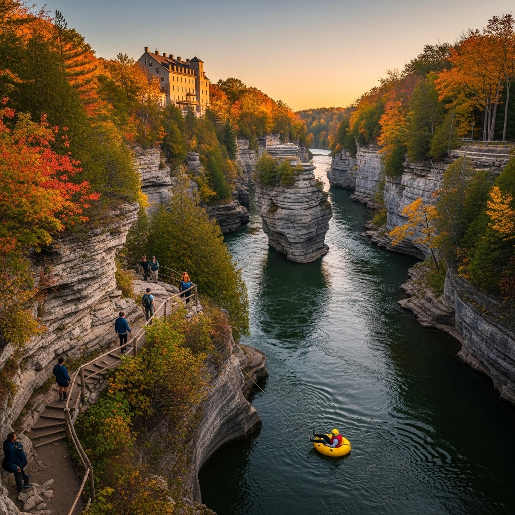 A beautiful view of the Elora Quarry with its turquoise water and limestone cliffs.