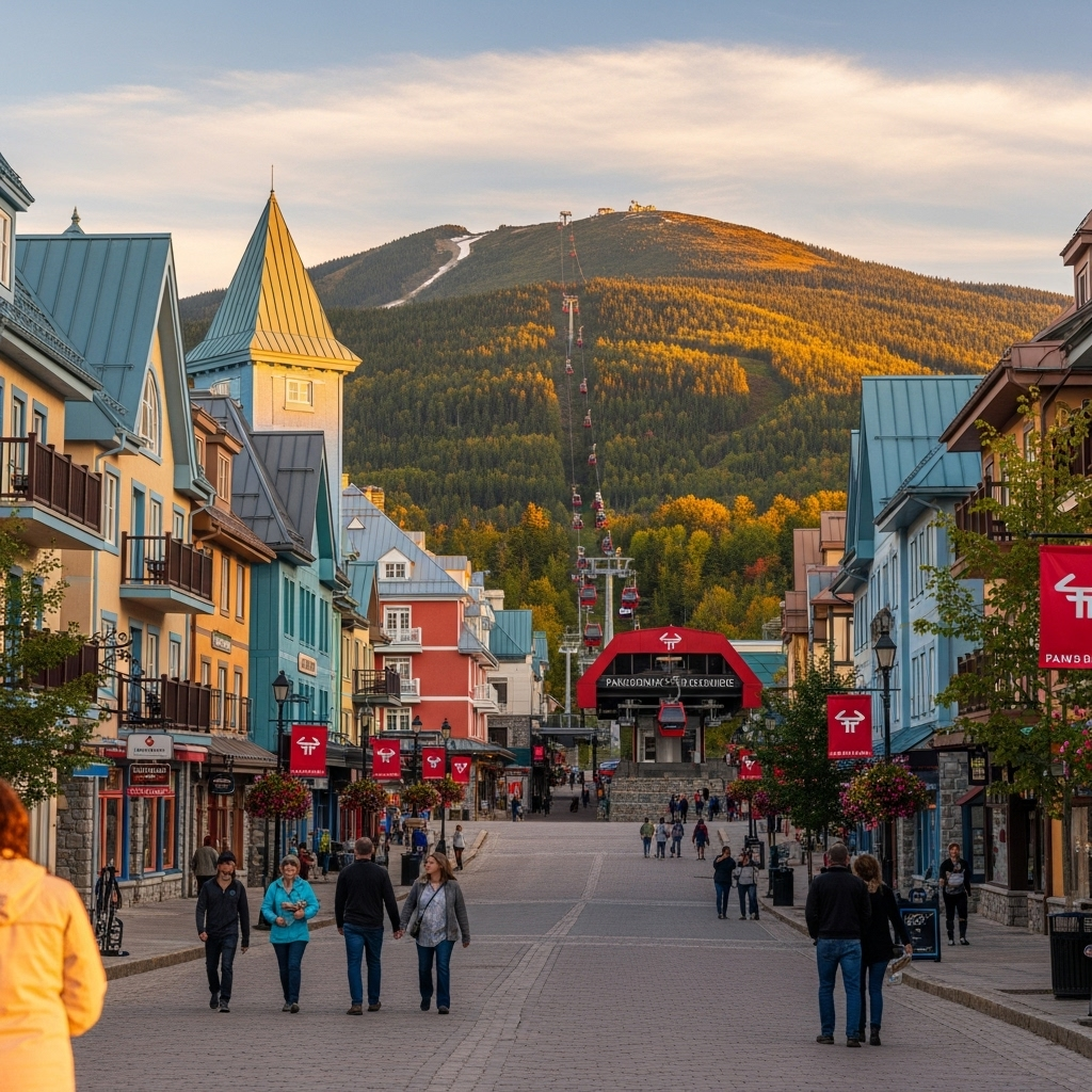 Colorful pedestrian village of Mont-Tremblant in the summer.