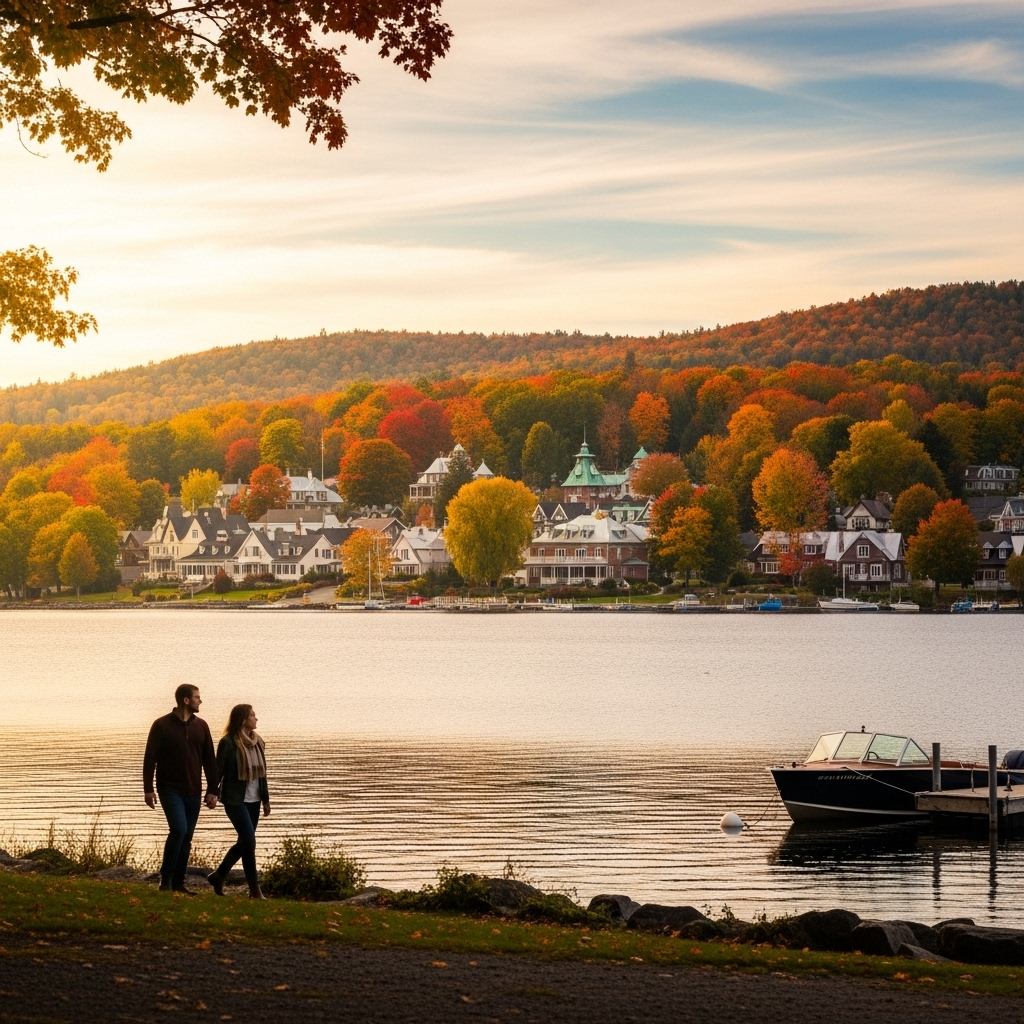 A scenic view of the rolling hills and a charming church in the Eastern Townships during fall.