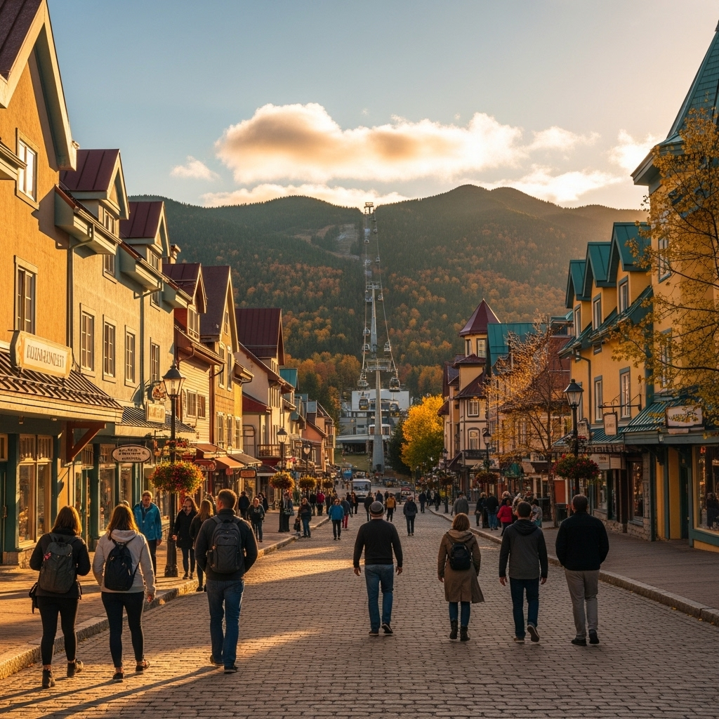 A breathtaking view of the Mont-Tremblant pedestrian village in Quebec, with colourful buildings set against the mountain.