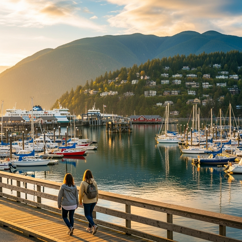 A serene view of the marina and colourful buildings in Snug Cove, Bowen Island