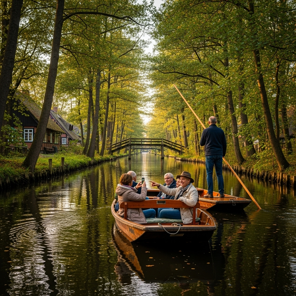 A traditional punt boat glides down a serene canal in the Spreewald, surrounded by lush green trees.
