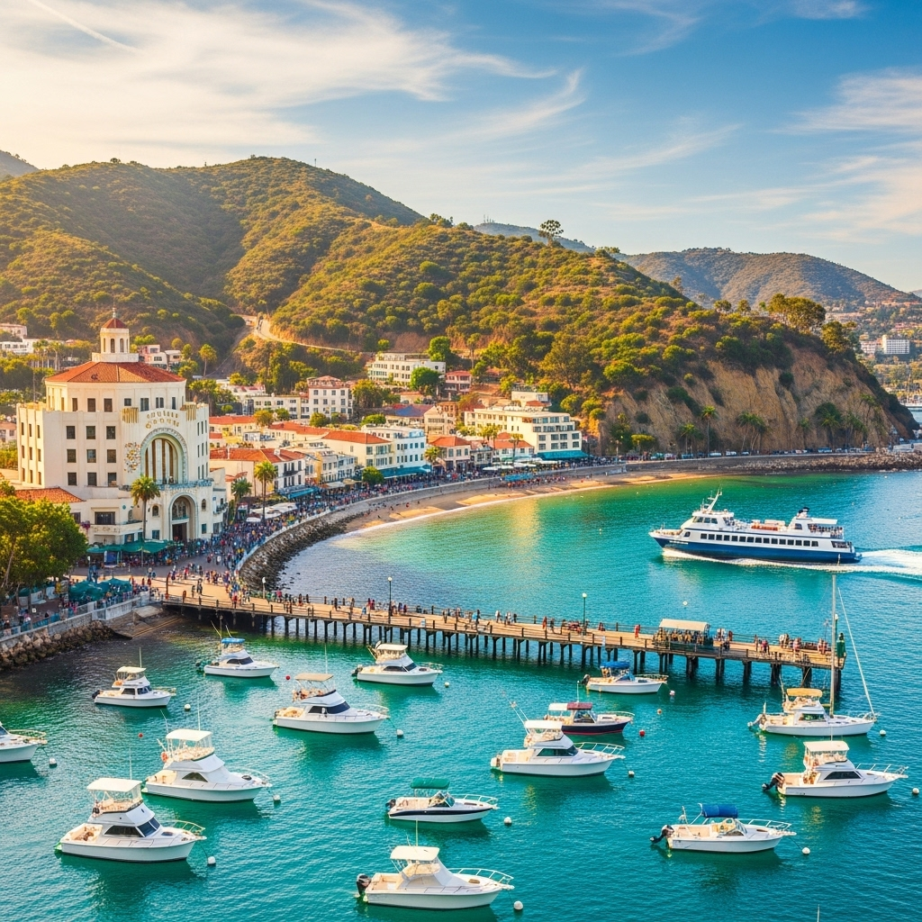 A beautiful, sunny day overlooking the harbor in Avalon, Catalina Island, with the iconic Casino in the background.