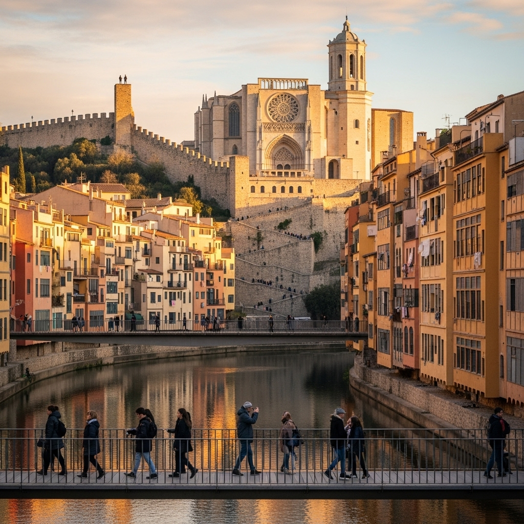 Colorful houses lining the Onyar River in Girona with the cathedral in the background.