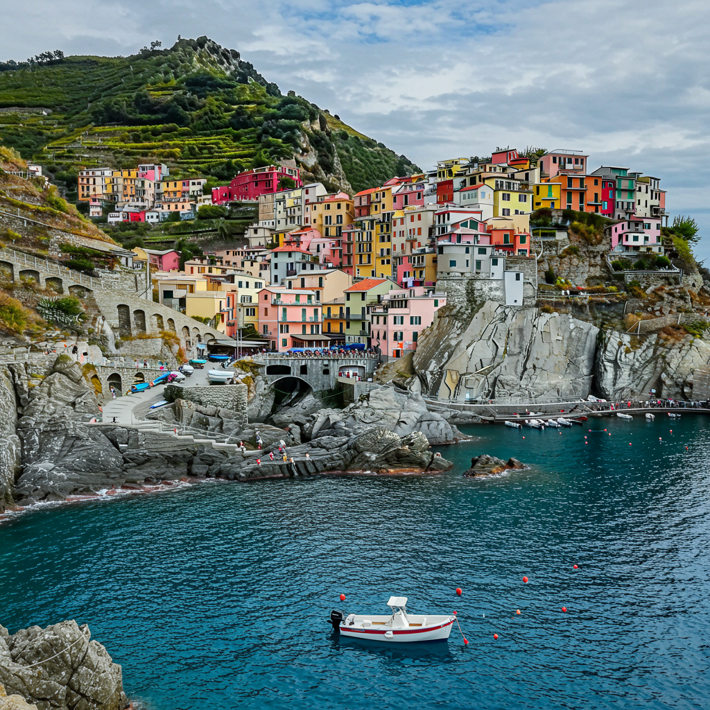 A vibrant, colourful view of Manarola in Cinque Terre at sunset.