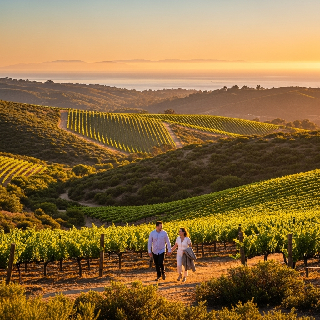 A scenic view of vineyards in the Malibu hills overlooking the Pacific Ocean.