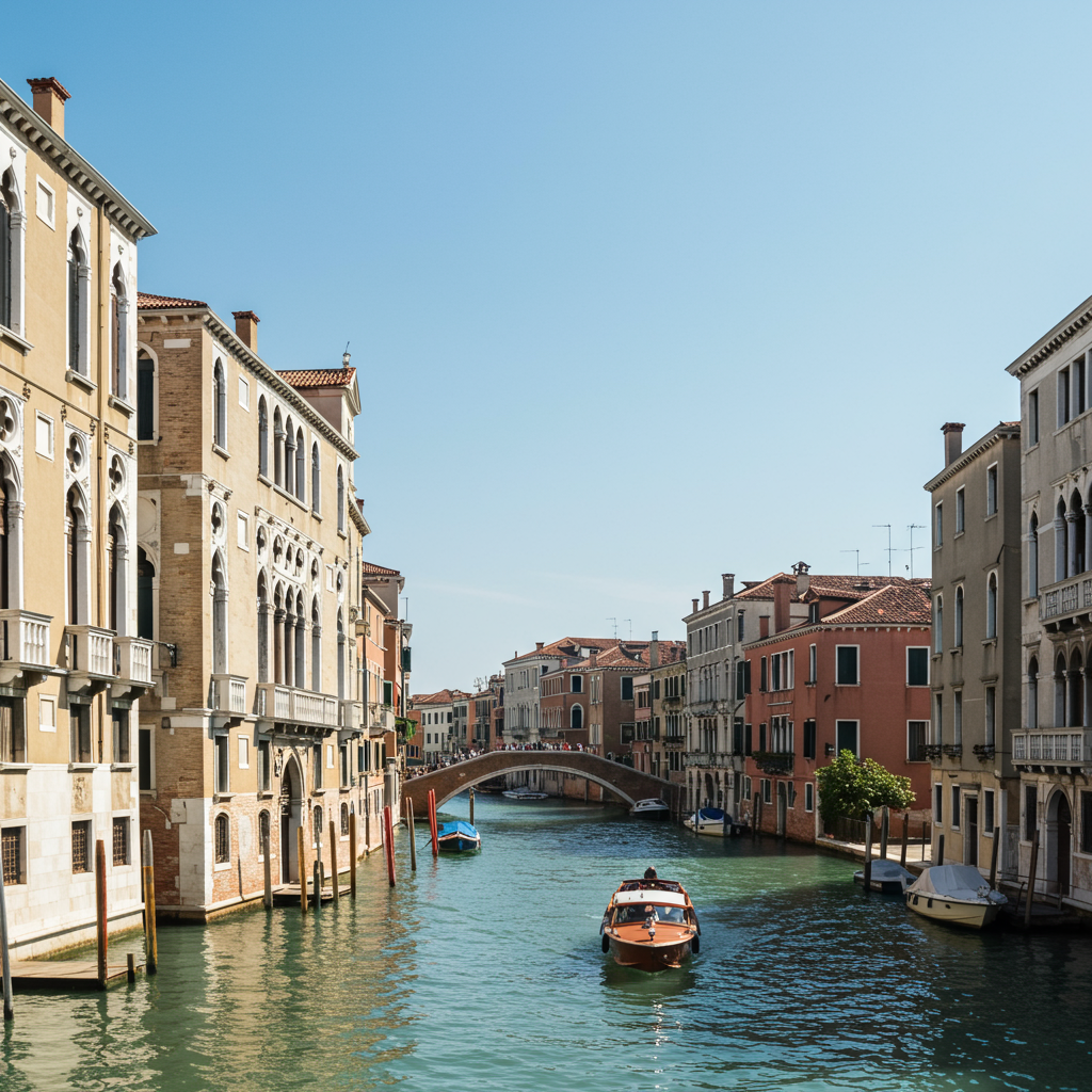 A colorful canal in Murano with glass shops alongside it.