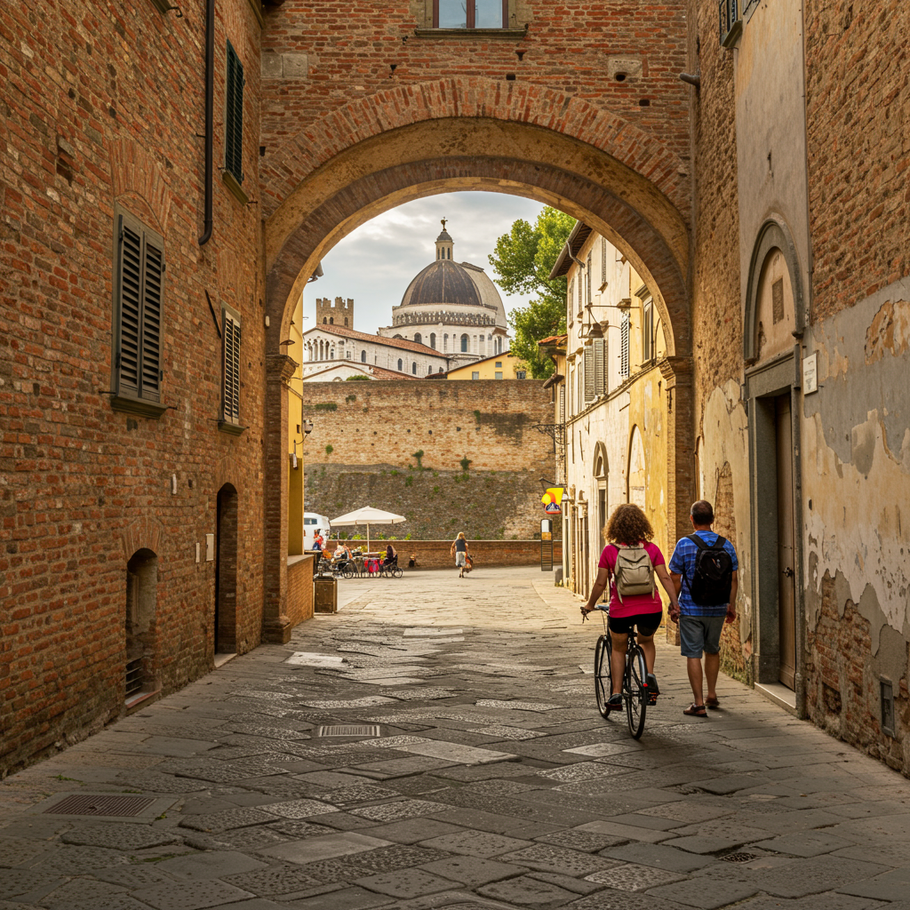 A sunny view of the unique, oval-shaped Piazza dell'Anfiteatro in Lucca, lined with yellow buildings and outdoor cafes.