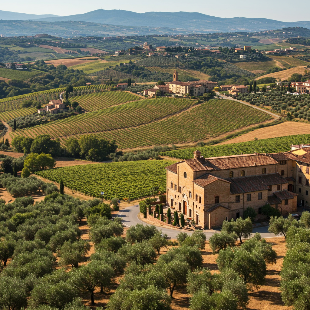 A classic Tuscan landscape with rolling hills, cypress trees, and a stone farmhouse in the Chianti region.
