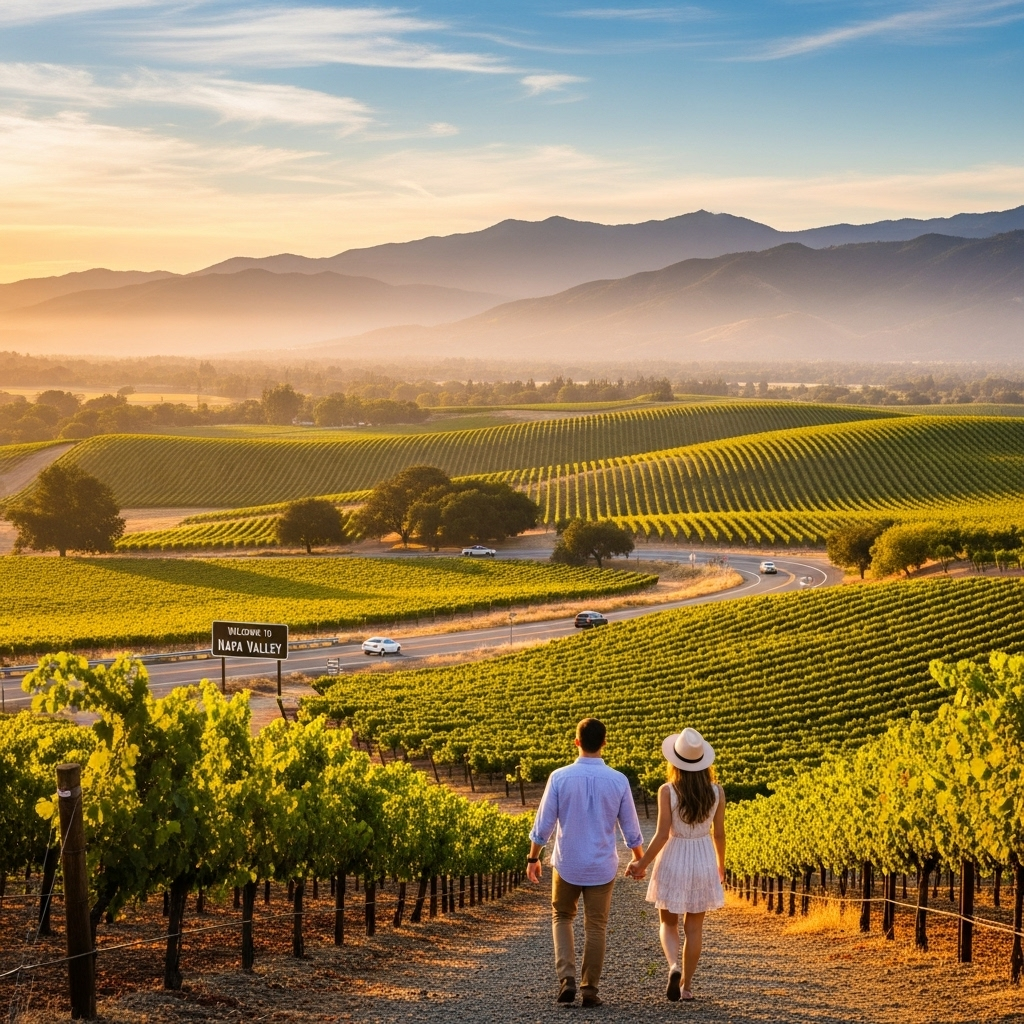 Rolling green vineyards of Napa Valley under a clear blue sky