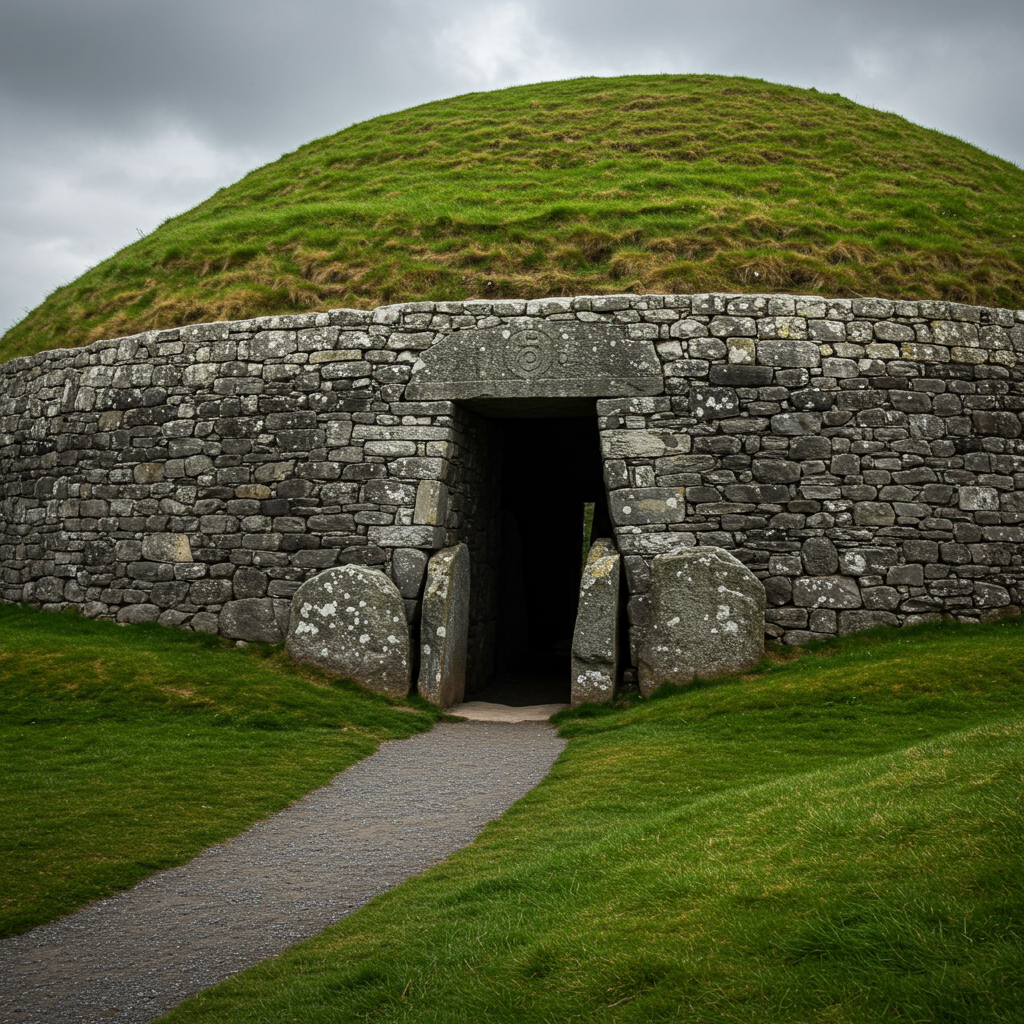 A view of the ancient Newgrange monument under a dramatic Irish sky