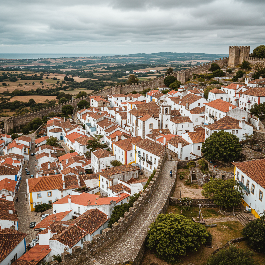 A beautiful view of the whitewashed houses with terracotta roofs in Óbidos, Portugal.