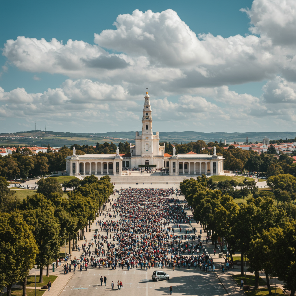 A serene view of the Fátima Sanctuary on a sunny day.