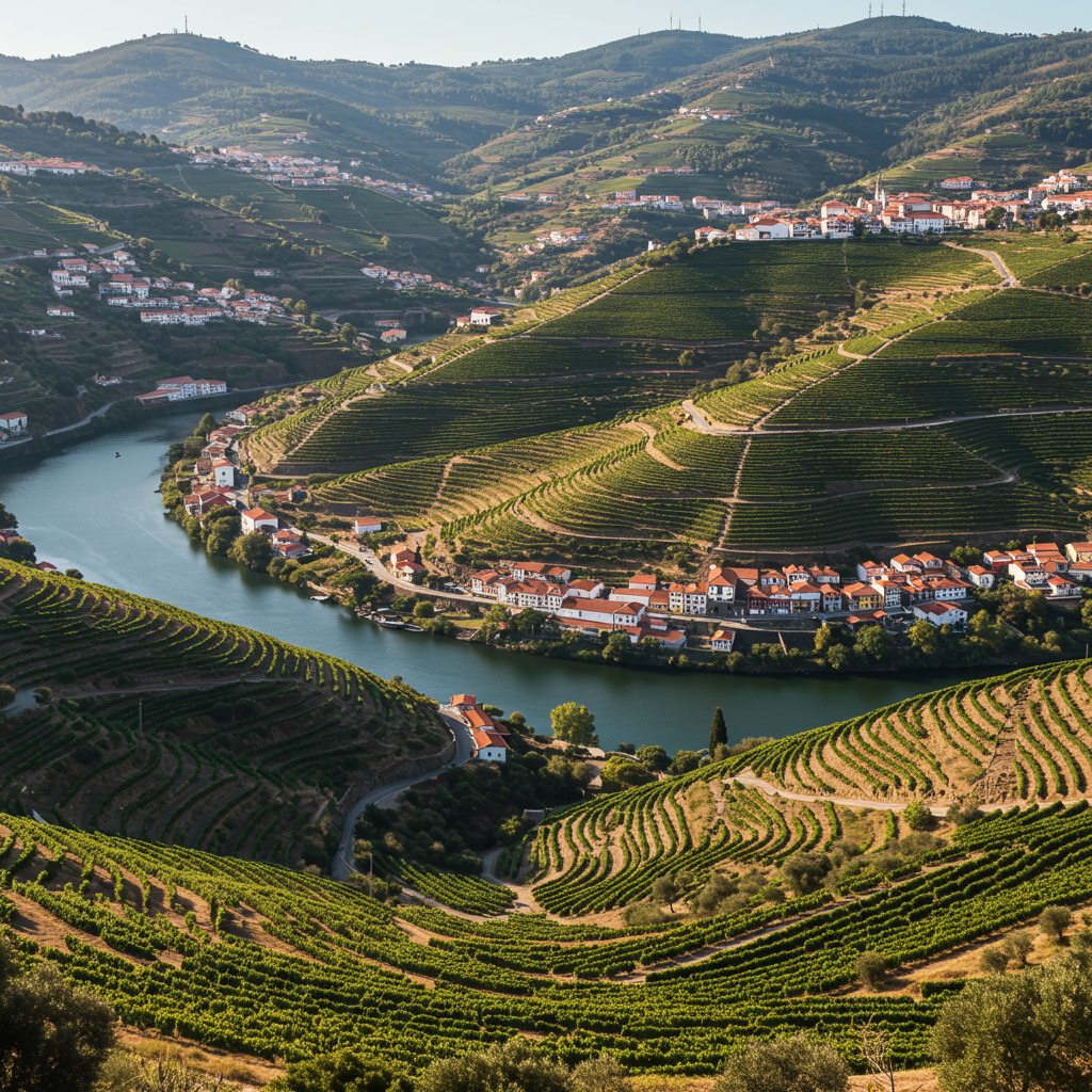 Terraced vineyards of the Douro Valley sloping down towards the Douro River on a sunny day.