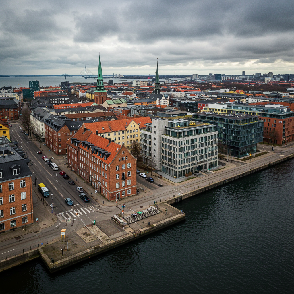 A colorful historic square in Malmö with half-timbered buildings.