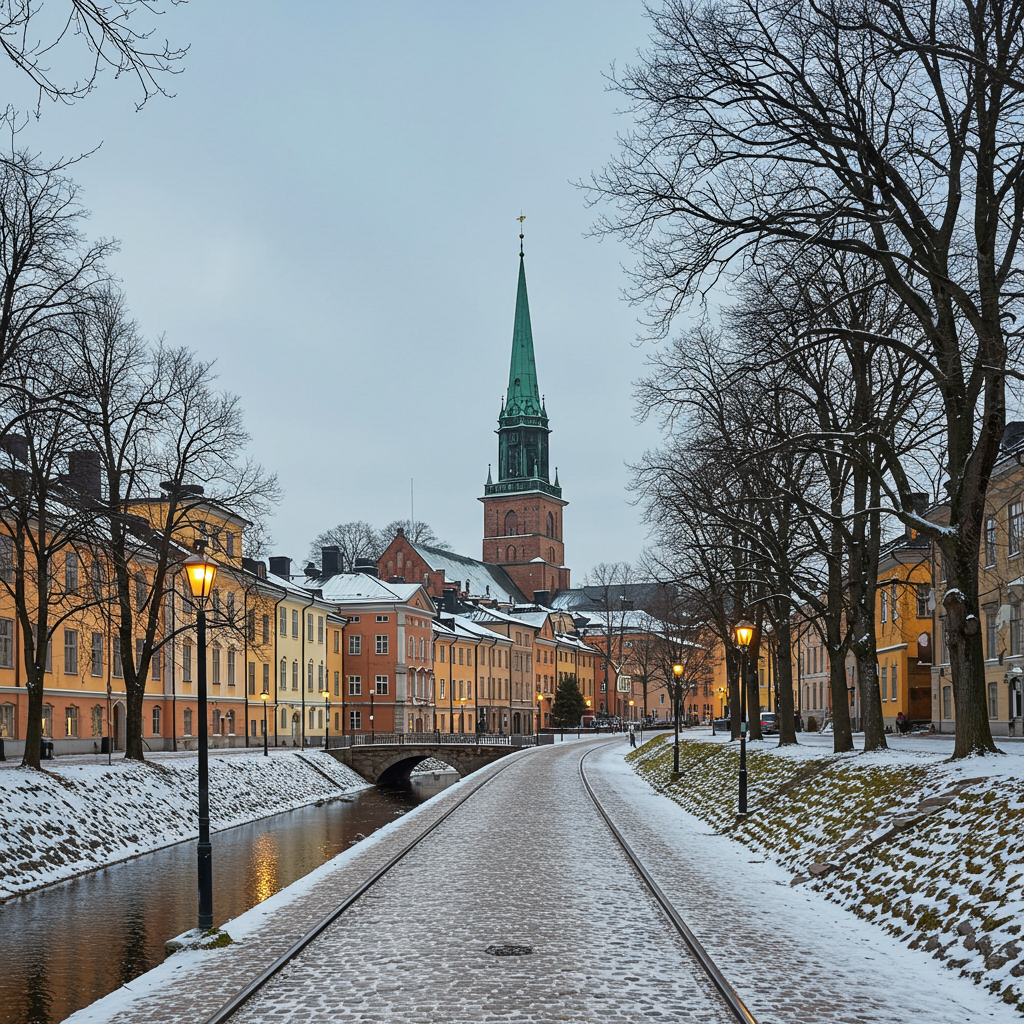 A picturesque view of the Fyris River in Uppsala with the cathedral in the background.