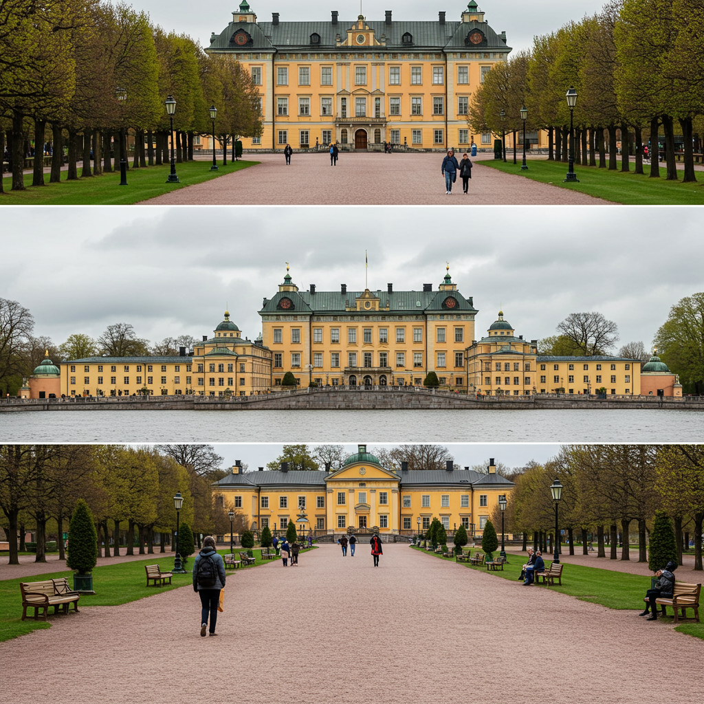 A beautiful view of Drottningholm Palace from the water on a sunny day.