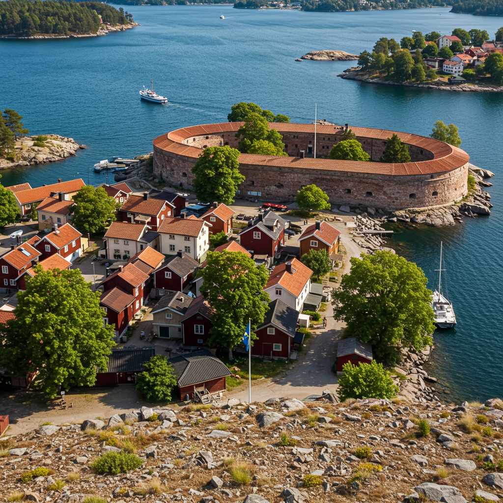 Colorful wooden houses lining the waterfront harbor in Vaxholm