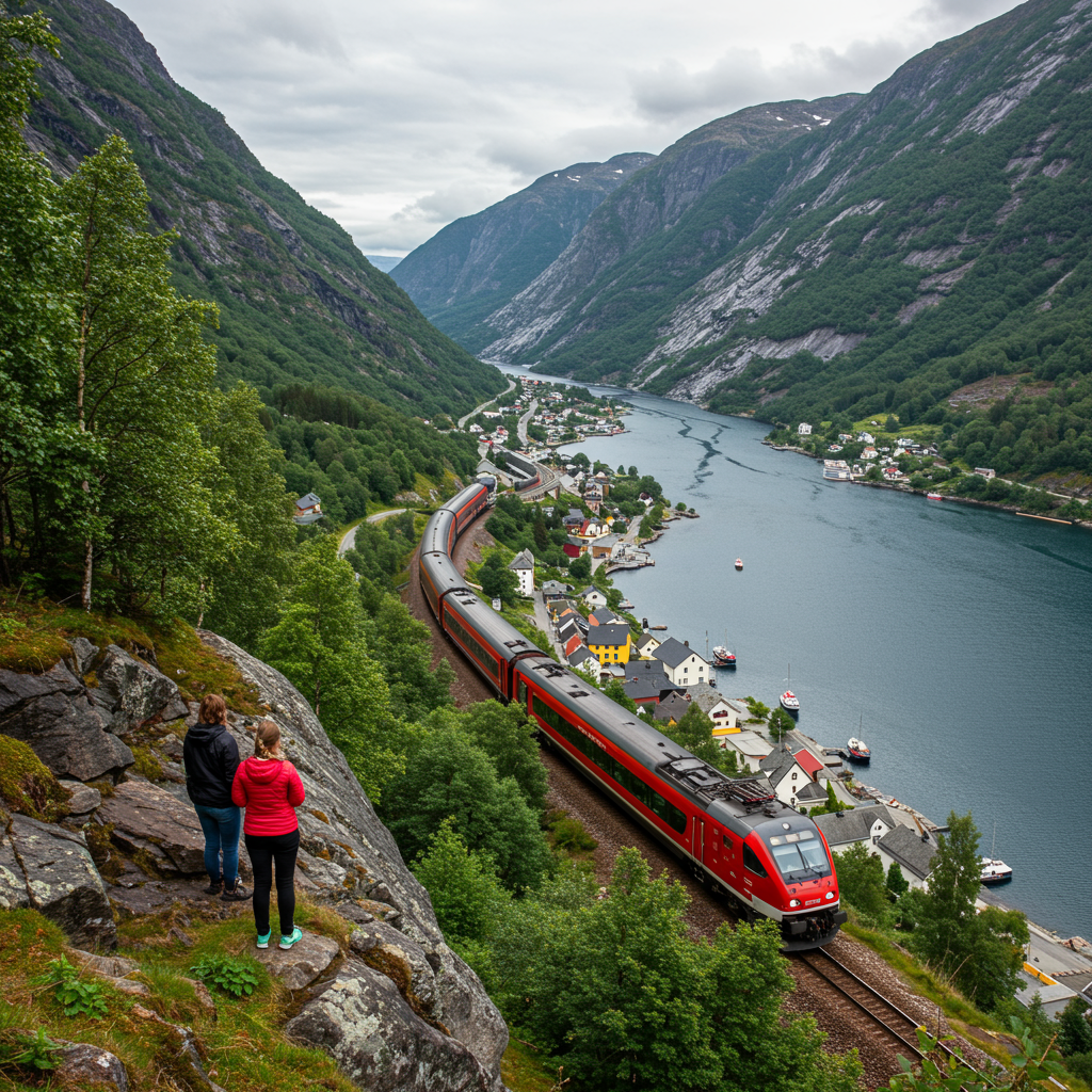 A scenic view of the Norwegian fjords from the train