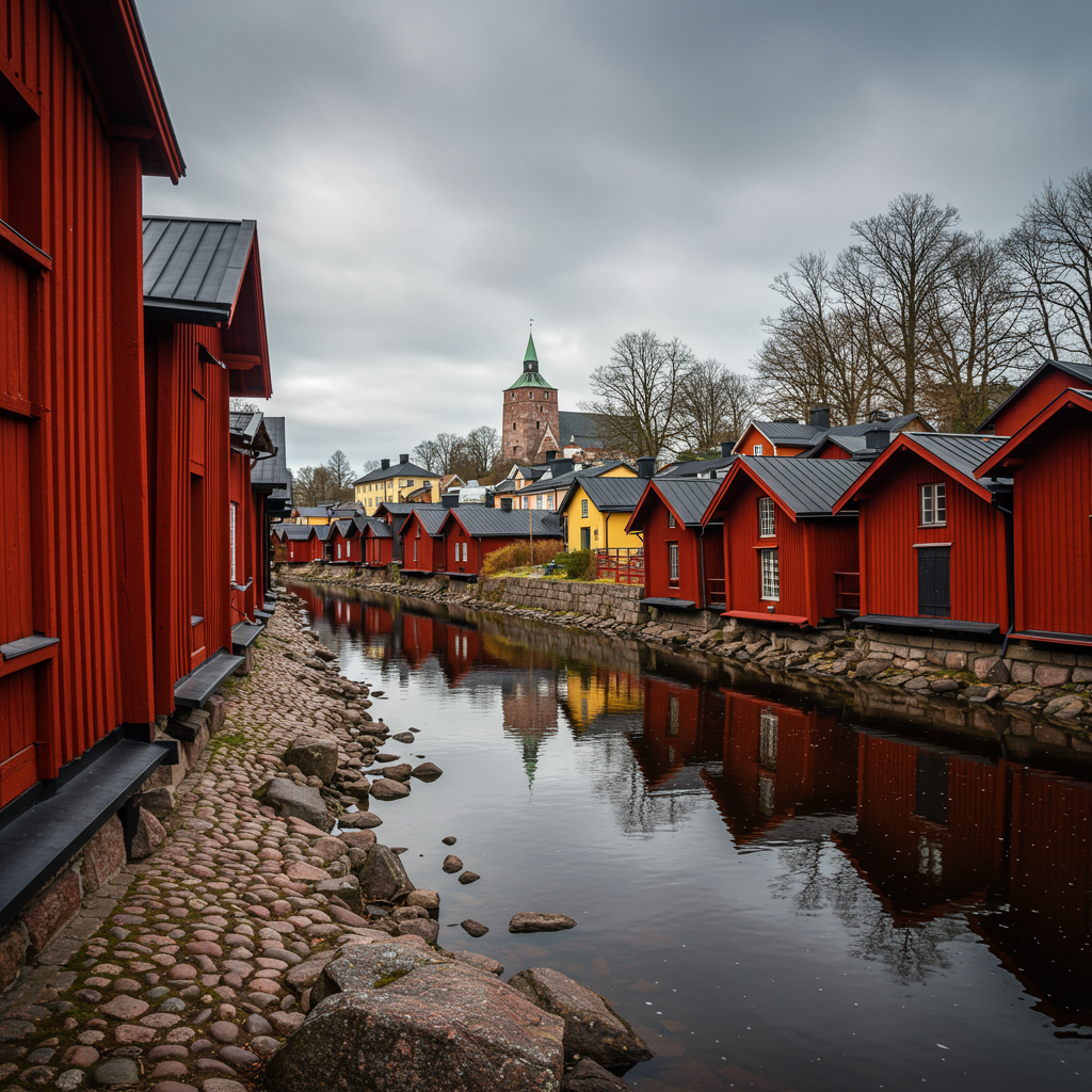 The iconic red riverside warehouses of Porvoo under a clear blue sky