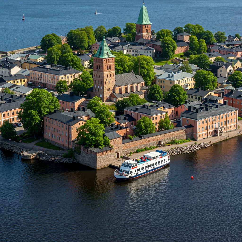 A beautiful view of the Aura River in Turku with historic boats and buildings along the bank.