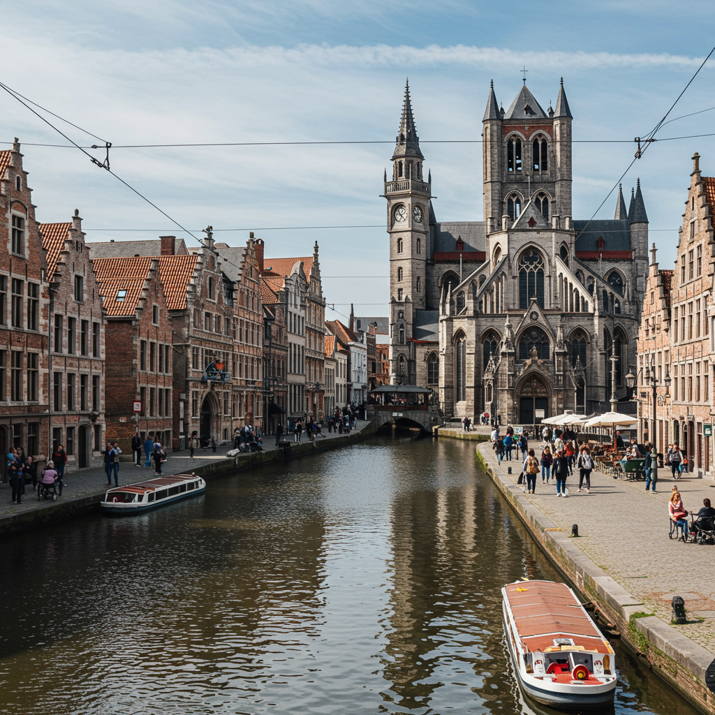 The beautiful Graslei and Korenlei canals in Ghent at dusk