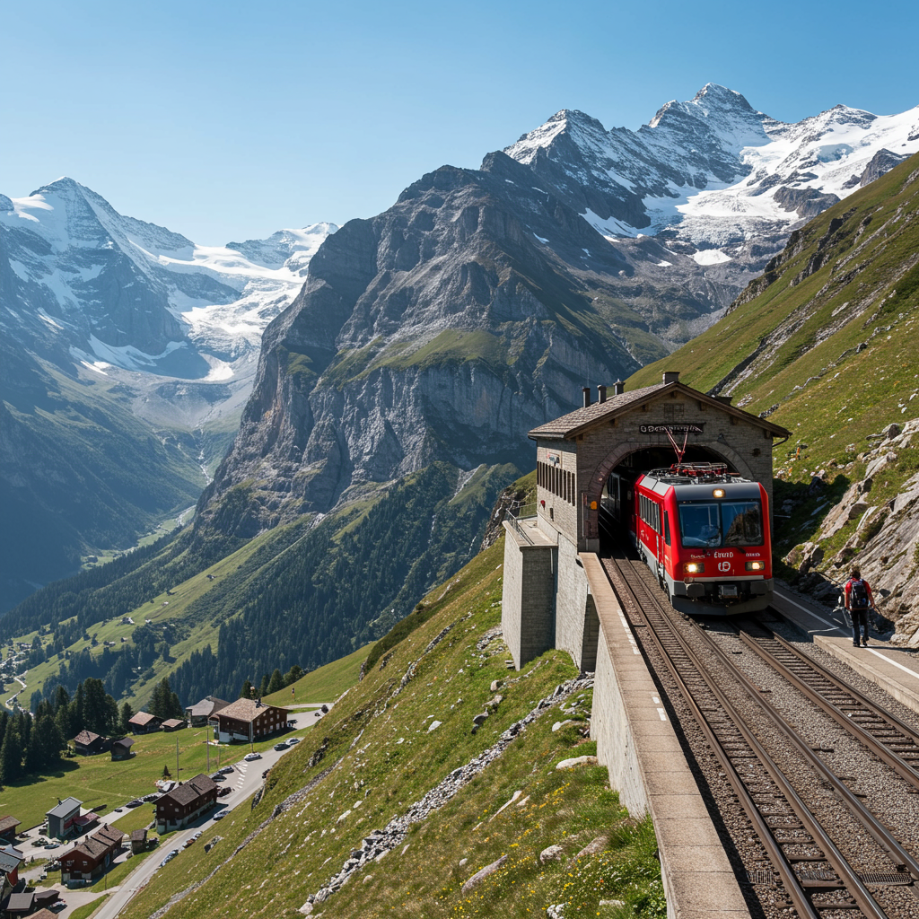 A breathtaking view of the Jungfrau railway winding through the Swiss Alps towards the snowy peaks.