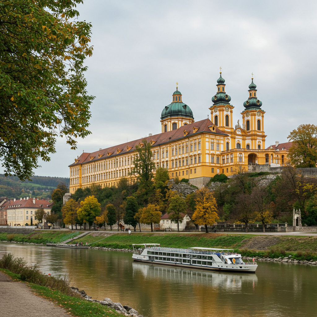 A stunning view of Melk Abbey perched on a cliff above the Danube River