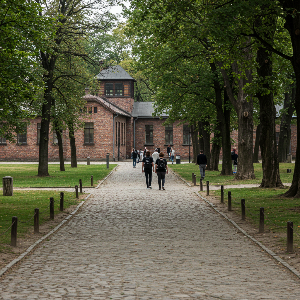 The iconic 'Gate of Death' at Auschwitz II-Birkenau under a somber sky.